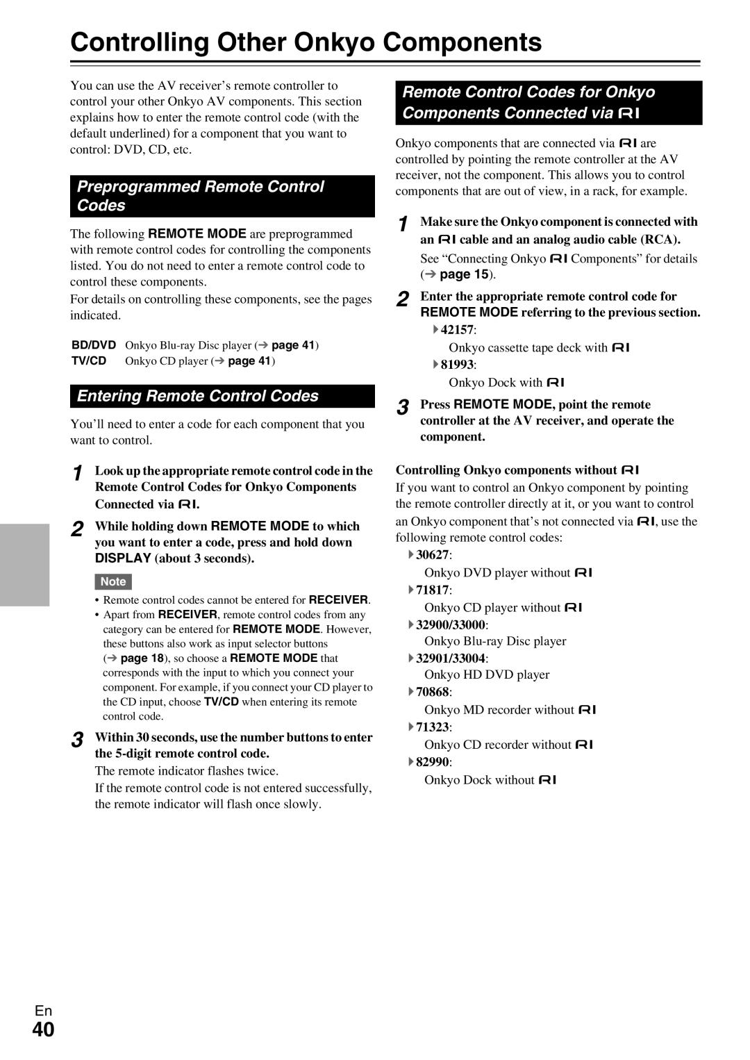 Onkyo TX-SR309 Controlling Other Onkyo Components, Preprogrammed Remote Control Codes, Entering Remote Control Codes 