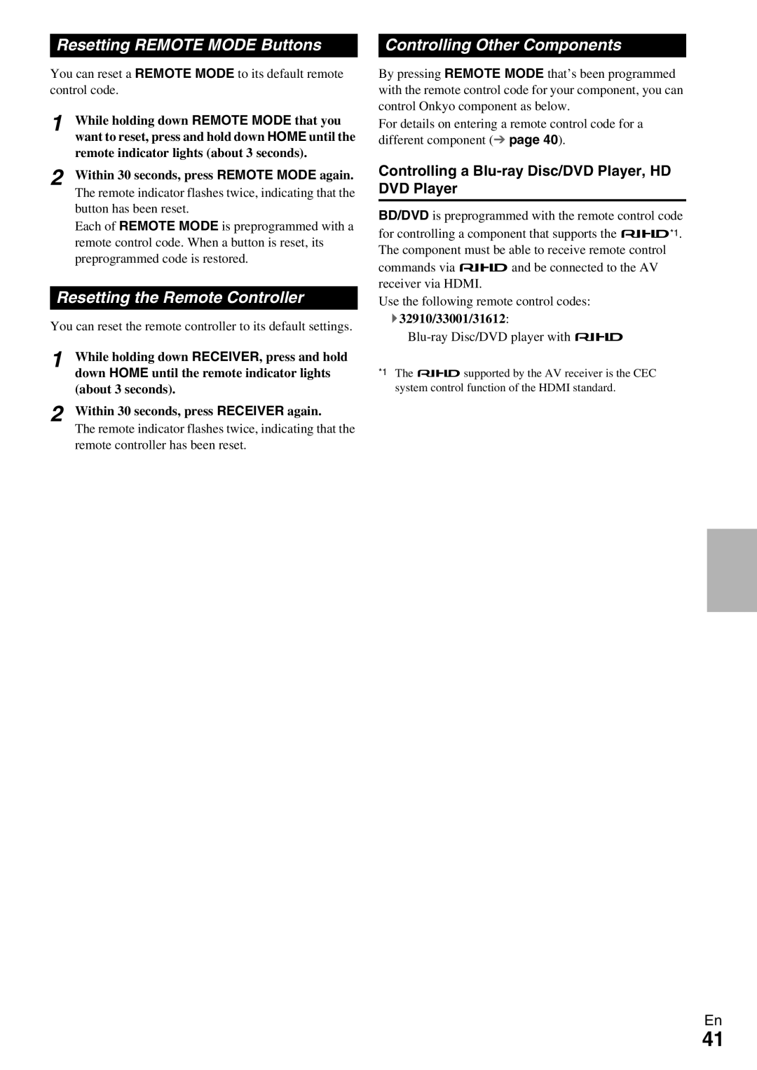 Onkyo TX-SR309 Resetting Remote Mode Buttons, Resetting the Remote Controller, Controlling Other Components 