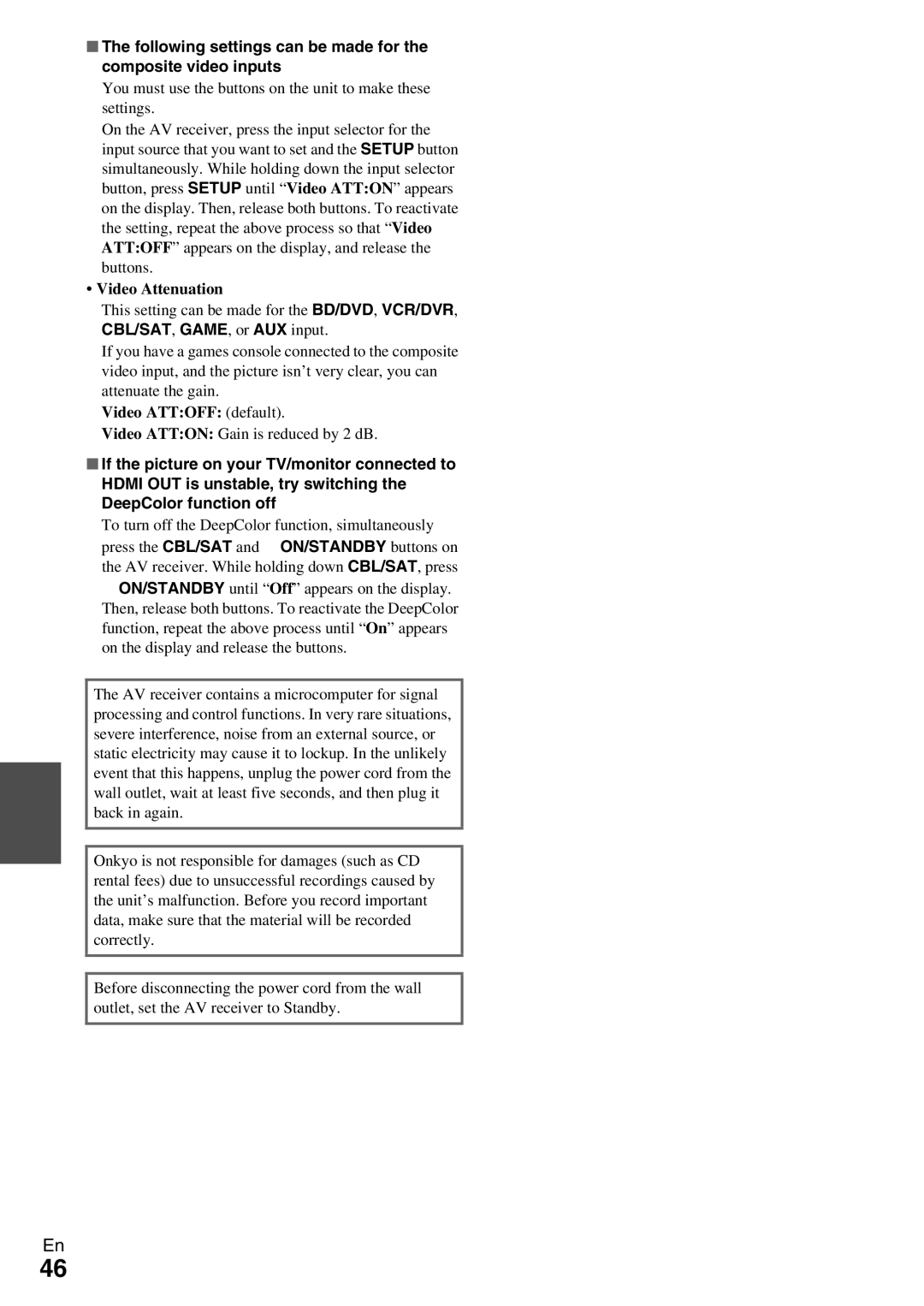 Onkyo TX-SR309 instruction manual Video Attenuation, Video Attoff default, Video Atton Gain is reduced by 2 dB 