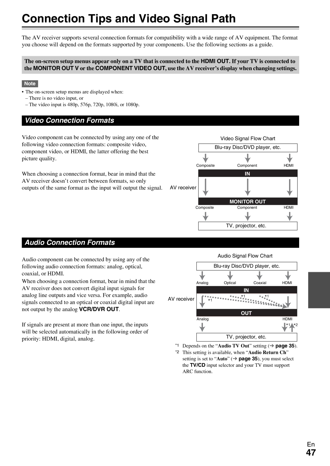 Onkyo TX-SR309 instruction manual Connection Tips and Video Signal Path, Video Connection Formats, Audio Connection Formats 