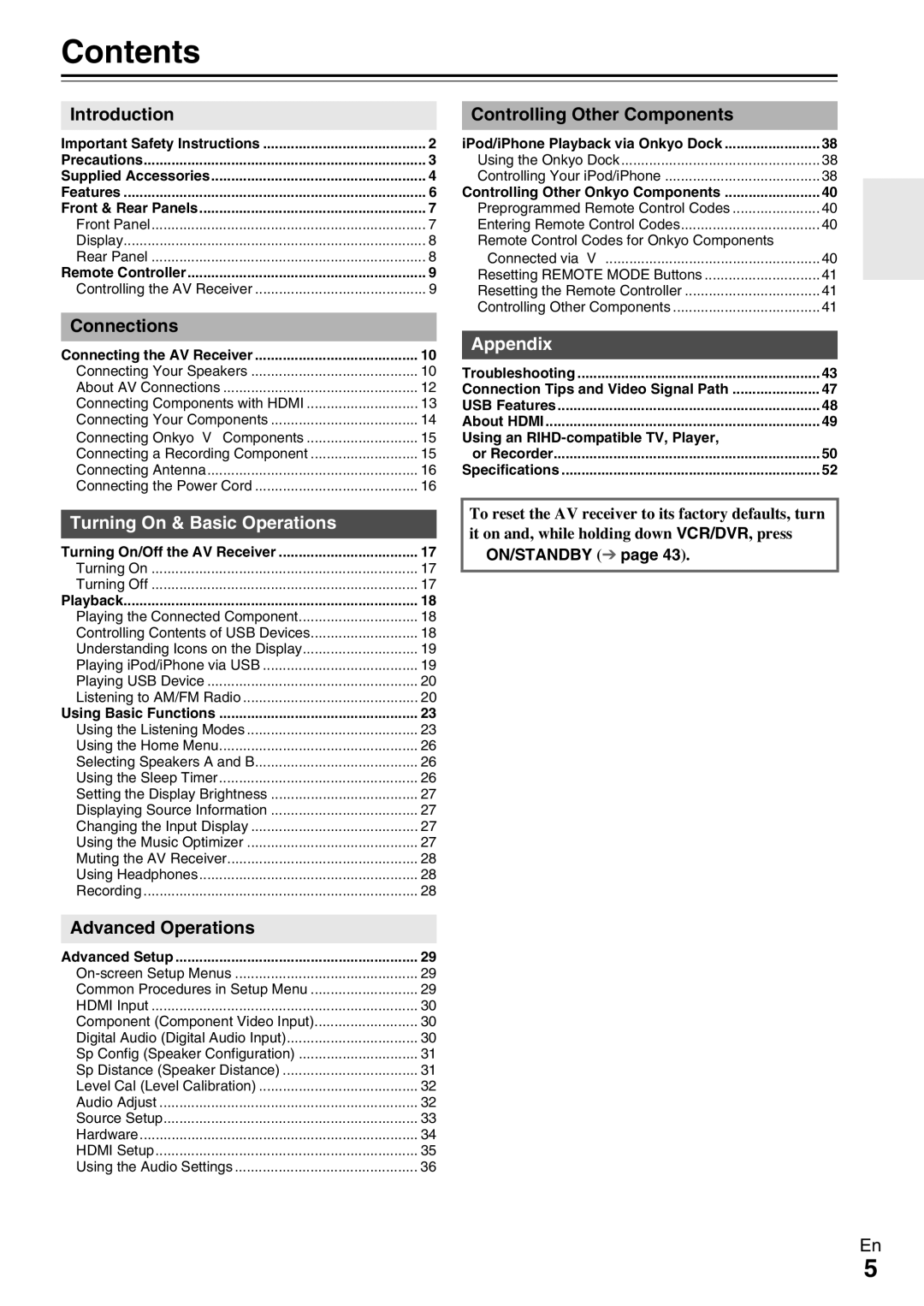 Onkyo TX-SR309 instruction manual Contents 