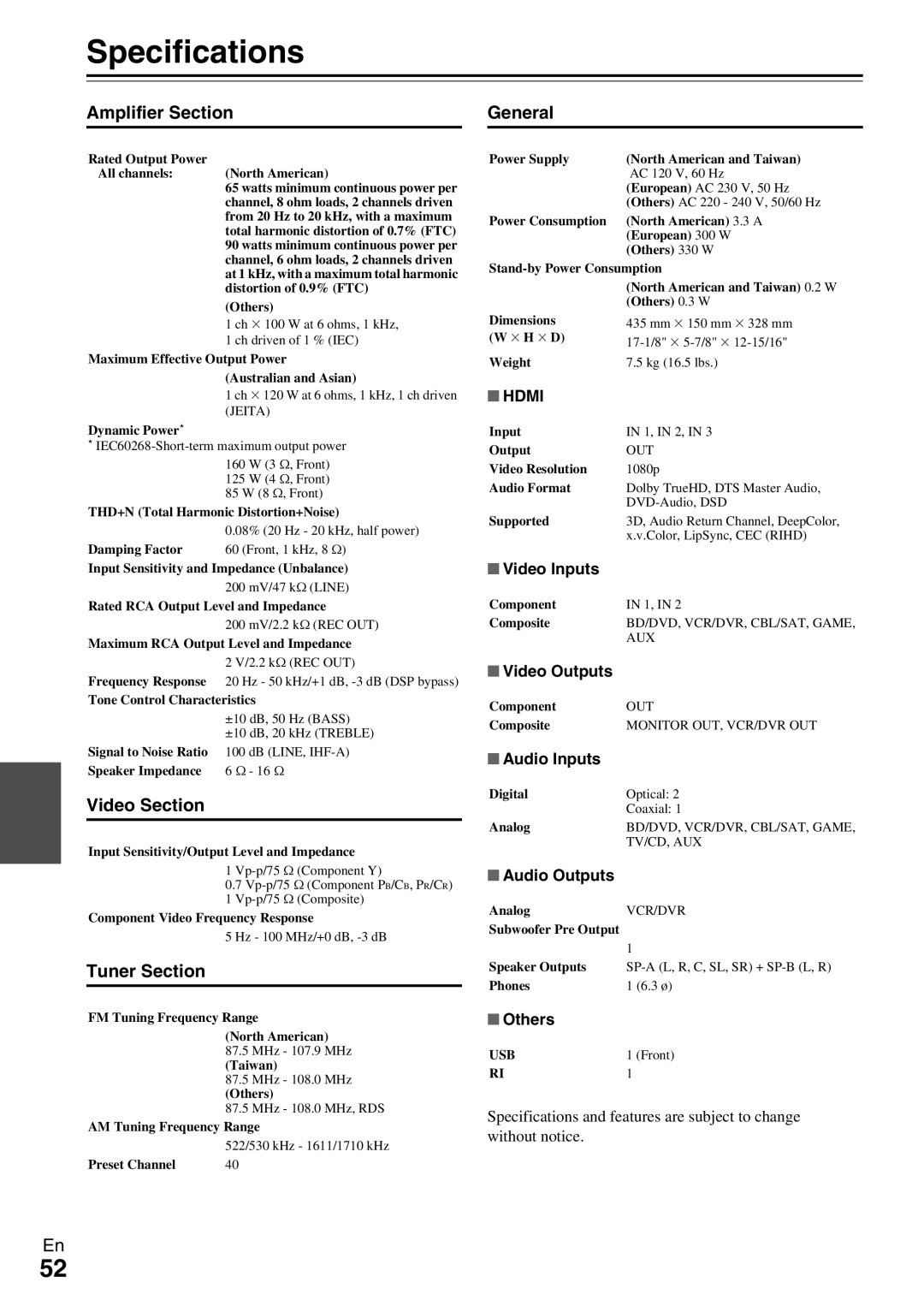 Onkyo TX-SR309 instruction manual Specifications, Amplifier Section, Video Section, Tuner Section, General 