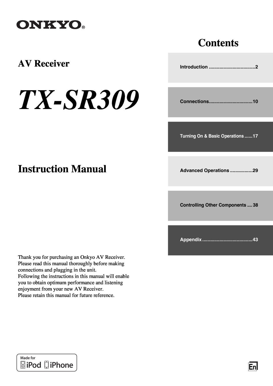 Onkyo TX-SR309 instruction manual Contents, AV Receiver 