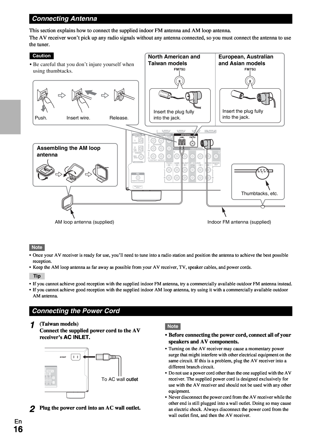 Onkyo TX-SR309 instruction manual Connecting Antenna, Connecting the Power Cord, North American and, Taiwan models 