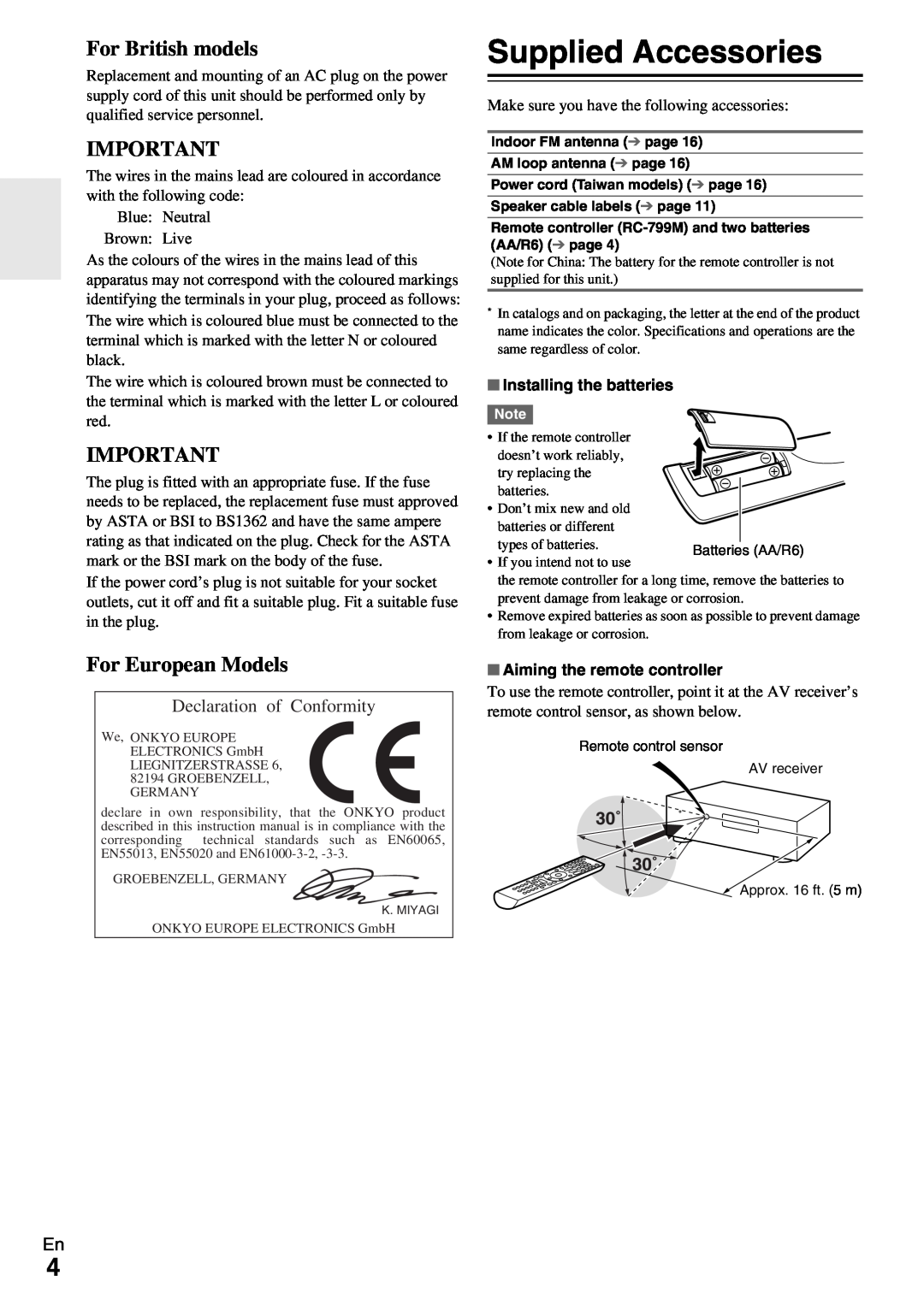 Onkyo TX-SR309 instruction manual Supplied Accessories, For British models, For European Models, Declaration of Conformity 