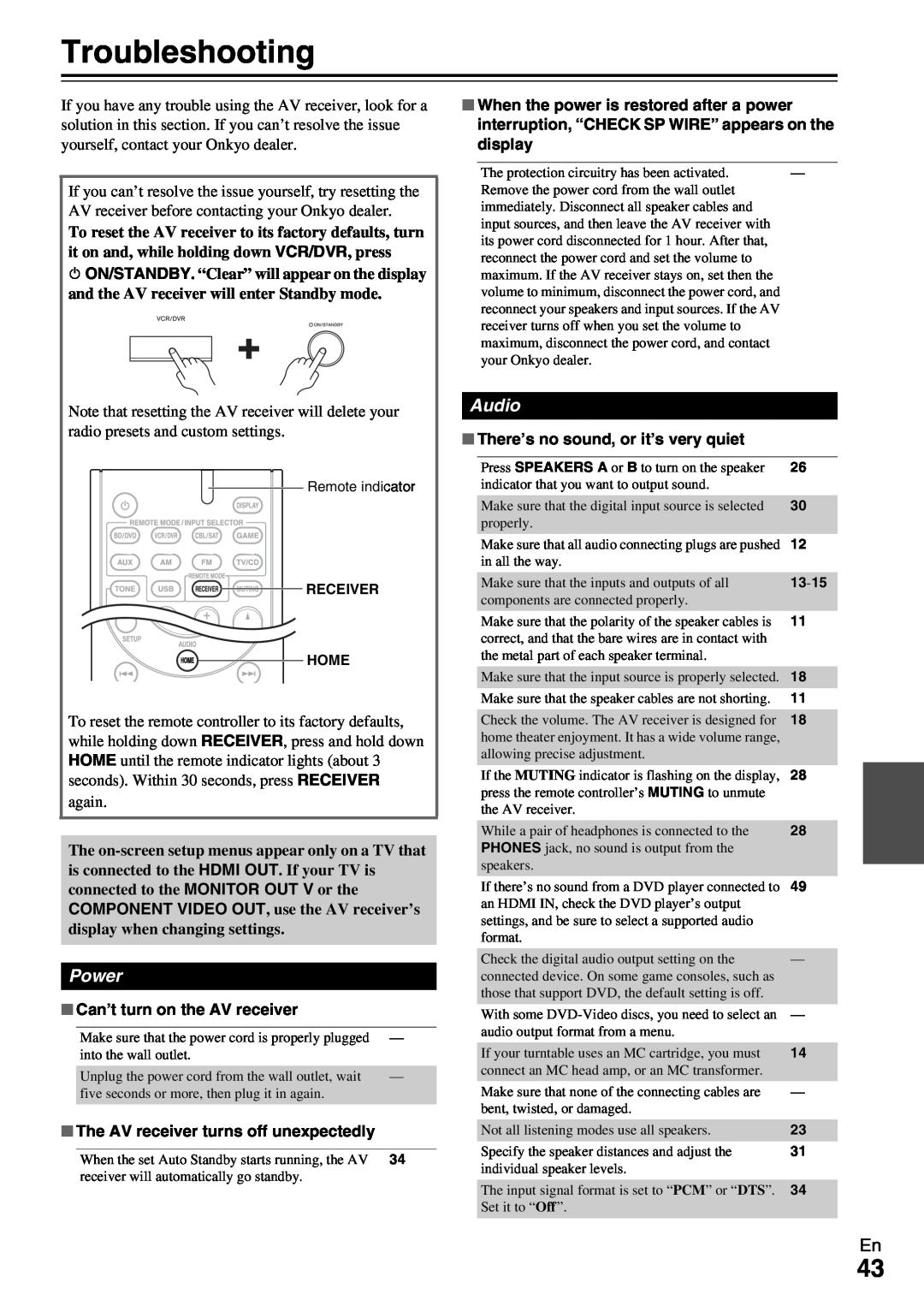 Onkyo TX-SR309 instruction manual Troubleshooting, Power, Audio 