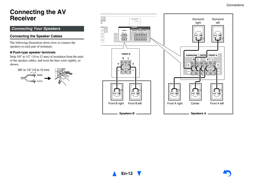 Onkyo TX-SR313 Connecting the AV Receiver, En-12, Connecting Your Speakers, Connecting the Speaker Cables 