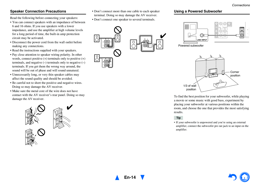 Onkyo TX-SR313 instruction manual En-14, Speaker Connection Precautions, Using a Powered Subwoofer, Tip 