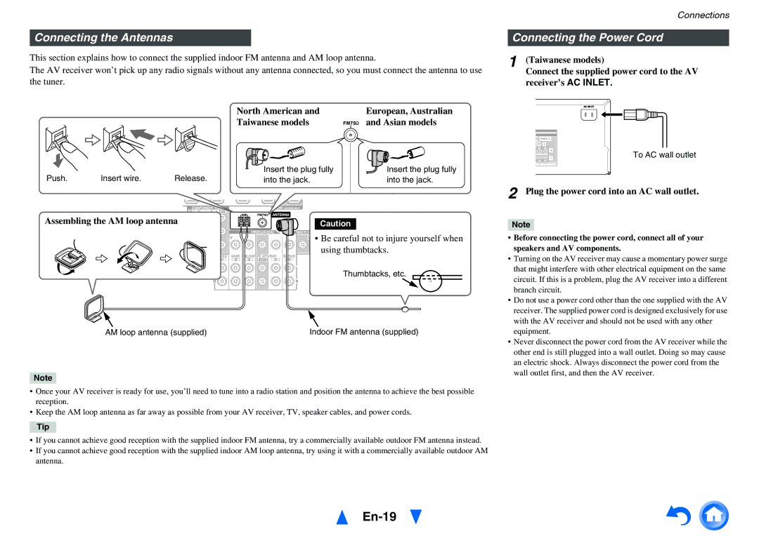 Onkyo TX-SR313 instruction manual En-19, Connecting the Antennas, Connecting the Power Cord 