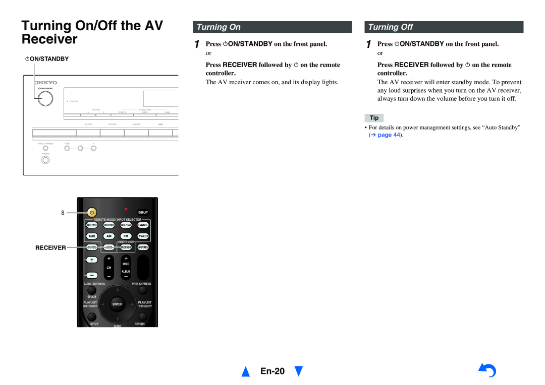 Onkyo TX-SR313 instruction manual Turning On/Off the AV Receiver, En-20, Turning On Turning Off 