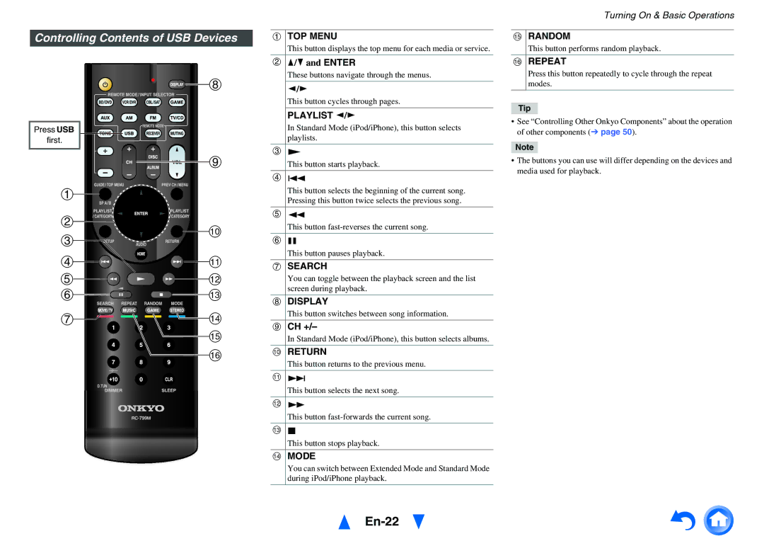 Onkyo TX-SR313 instruction manual En-22, Controlling Contents of USB Devices 