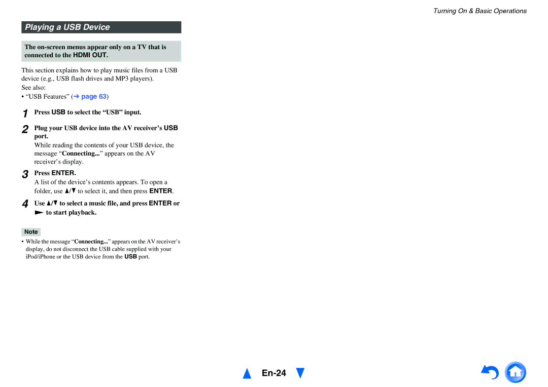 Onkyo TX-SR313 instruction manual En-24, Playing a USB Device, Press Enter 