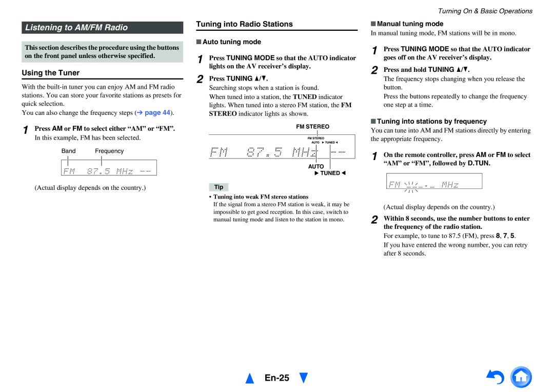 Onkyo TX-SR313 instruction manual En-25, Listening to AM/FM Radio, Using the Tuner, Tuning into Radio Stations 