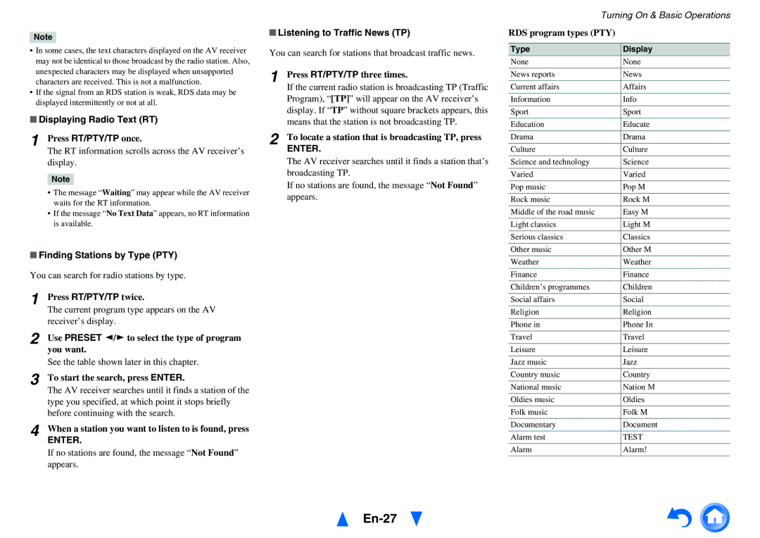 Onkyo TX-SR313 En-27, Displaying Radio Text RT, Listening to Traffic News TP, Finding Stations by Type PTY 