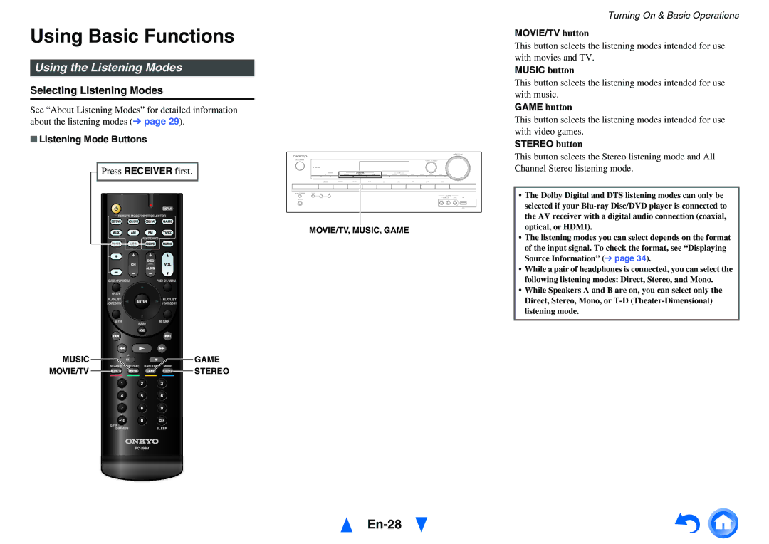 Onkyo TX-SR313 instruction manual Using Basic Functions, En-28, Using the Listening Modes, Selecting Listening Modes 