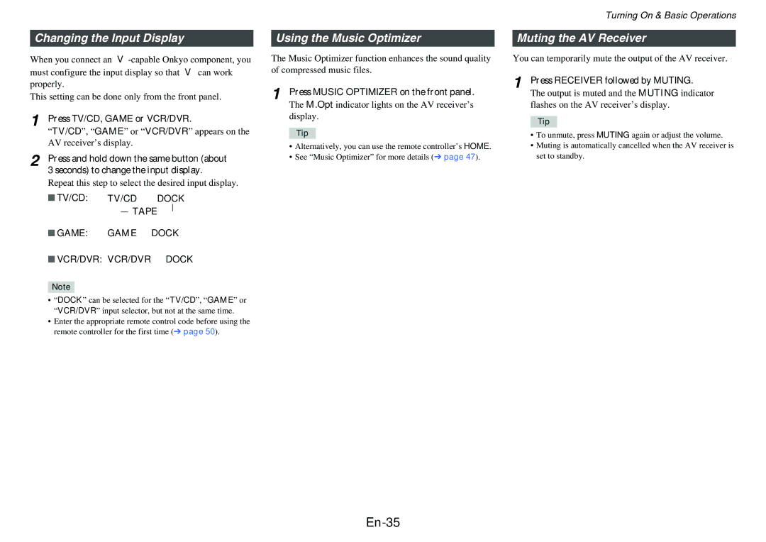 Onkyo TX-SR313 instruction manual En-35, Changing the Input Display, Using the Music Optimizer, Muting the AV Receiver 