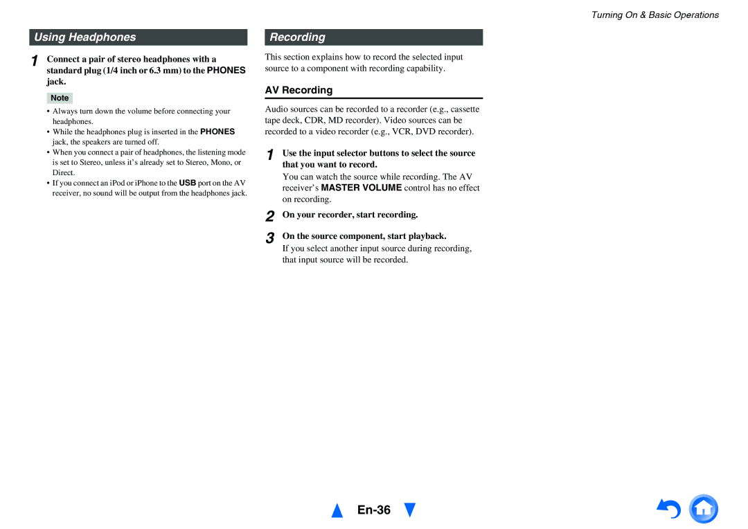 Onkyo TX-SR313 instruction manual En-36, Using Headphones, AV Recording 