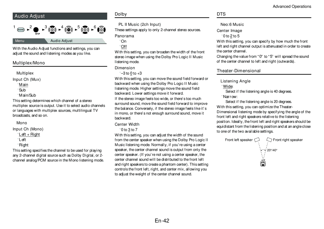 Onkyo TX-SR313 instruction manual En-42, Audio Adjust, Multiplex/Mono, Dolby, Theater-Dimensional 