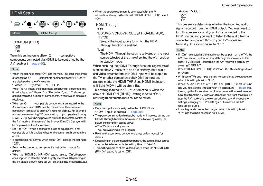 Onkyo TX-SR313 instruction manual En-45, Hdmi Setup, Hdmi Ctrl Rihd, Hdmi Through, Audio TV Out 