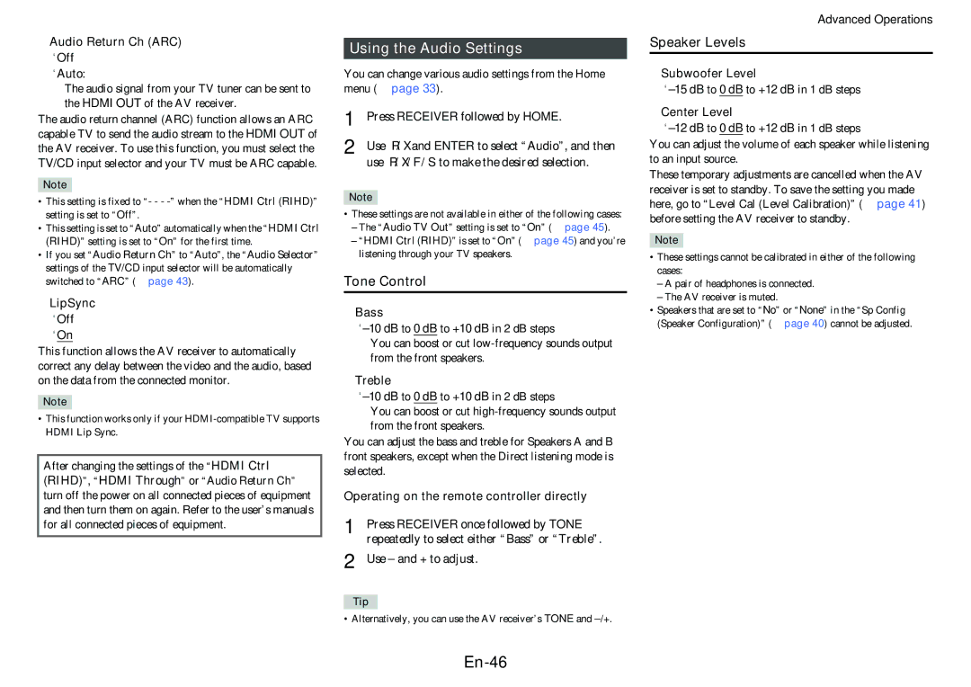 Onkyo TX-SR313 instruction manual En-46, Using the Audio Settings, Tone Control, Speaker Levels 