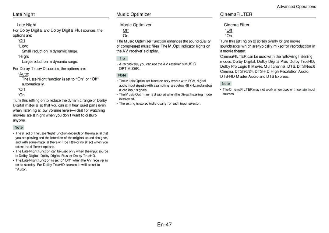 Onkyo TX-SR313 instruction manual En-47, Late Night, Music Optimizer, CinemaFILTER 