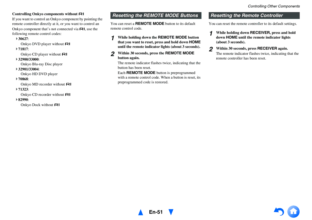 Onkyo TX-SR313 instruction manual En-51, Resetting the Remote Mode Buttons, Resetting the Remote Controller 