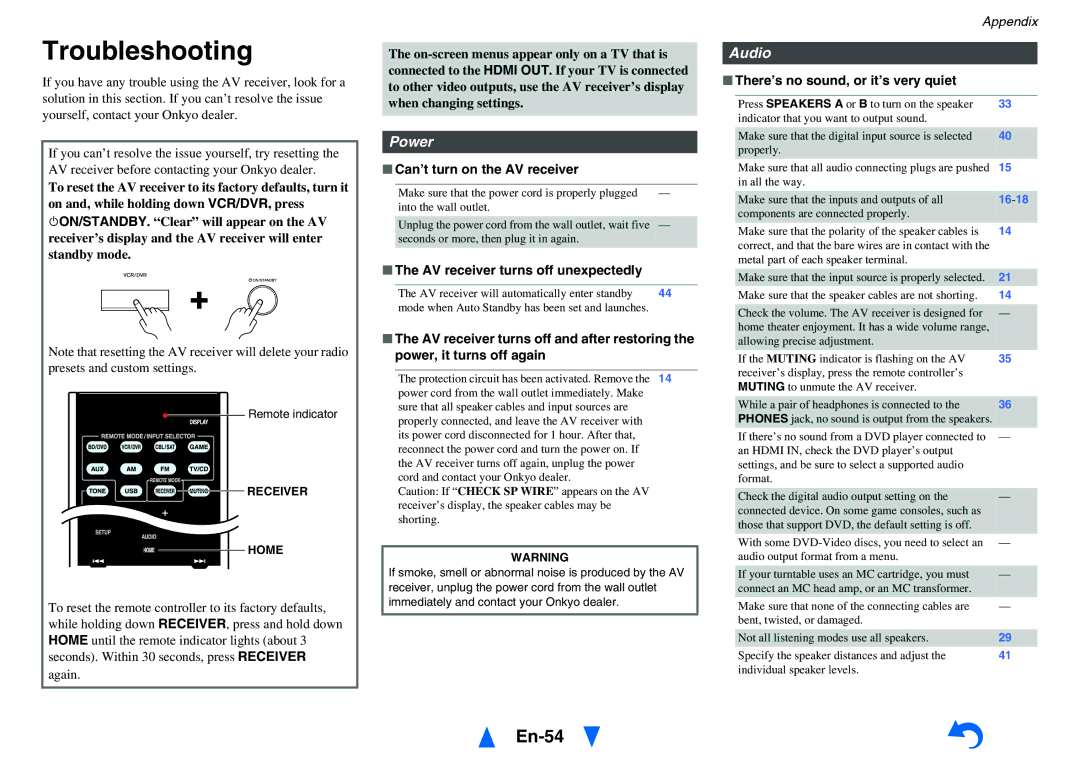 Onkyo TX-SR313 instruction manual Troubleshooting, En-54, Can’t turn on the AV receiver, AV receiver turns off unexpectedly 