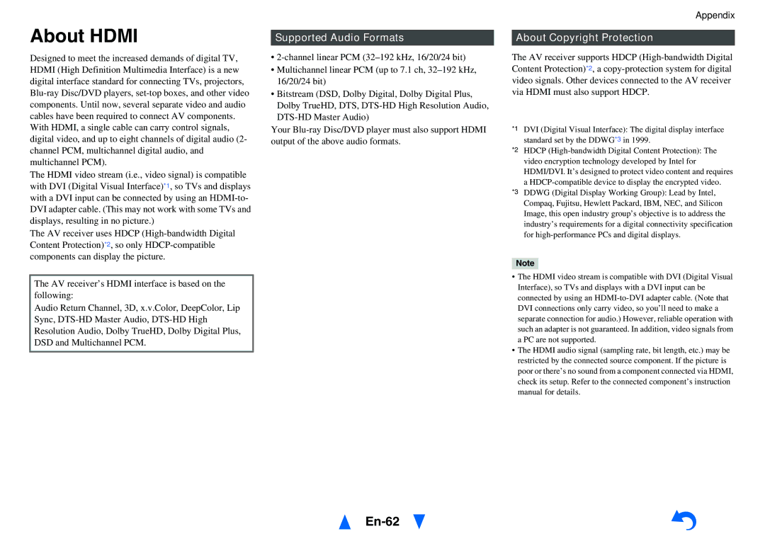 Onkyo TX-SR313 instruction manual About Hdmi, En-62 