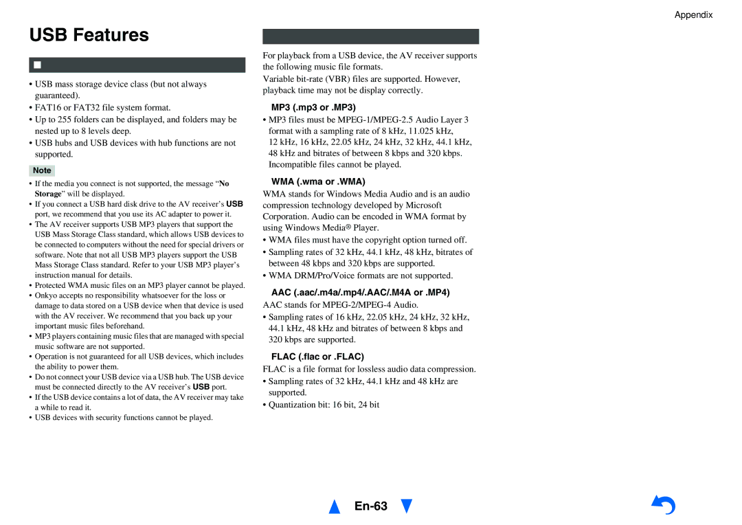 Onkyo TX-SR313 instruction manual USB Features, En-63 