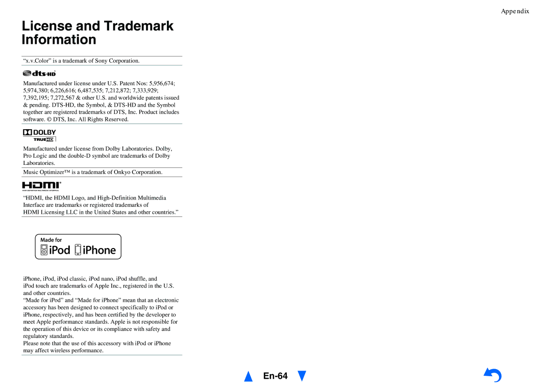 Onkyo TX-SR313 instruction manual License and Trademark Information, En-64, Color is a trademark of Sony Corporation 