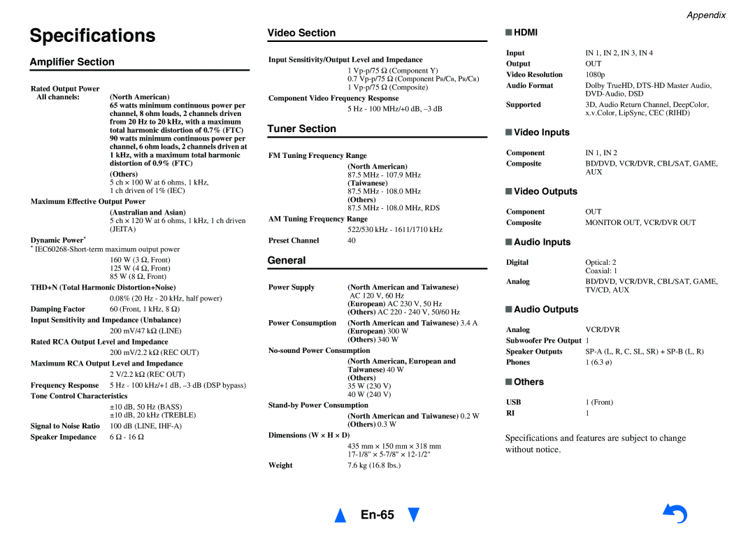 Onkyo TX-SR313 instruction manual Specifications, En-65 