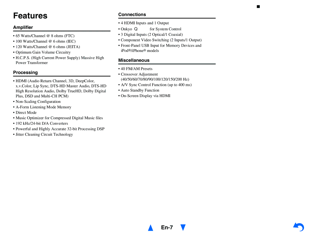 Onkyo TX-SR313 instruction manual Features, En-7 