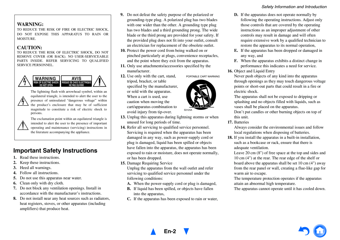 Onkyo TX-SR313 instruction manual En-2, Important Safety Instructions, Safety Information and Introduction 