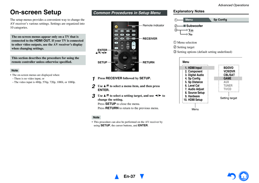 Onkyo TX-SR313 On-screenSetup, En-37, Common Procedures in Setup Menu, Explanatory Notes, Advanced Operations, Subwoofer 