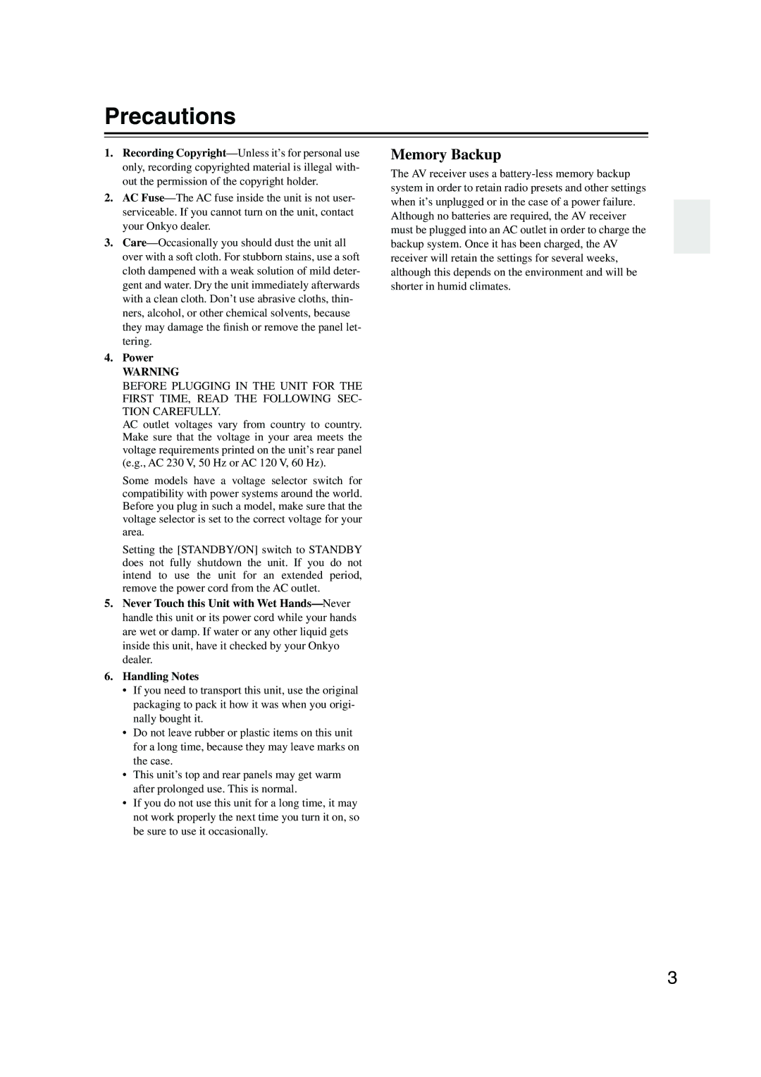 Onkyo TX-SR403 instruction manual Precautions, Power 