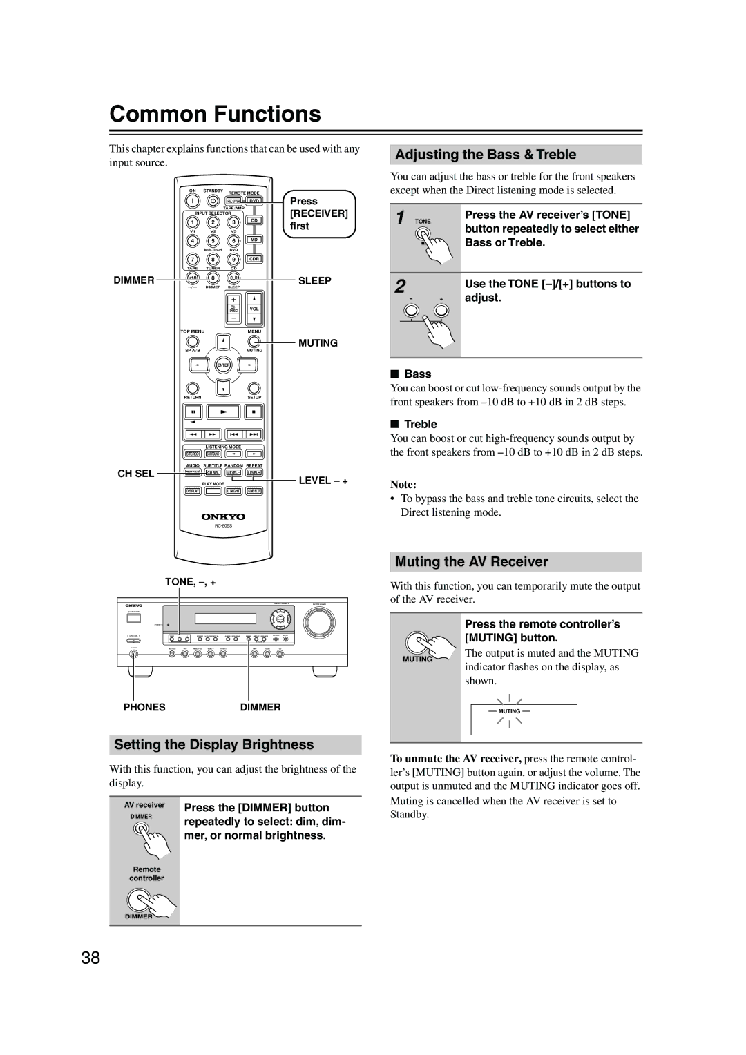 Onkyo TX-SR403 Common Functions, Adjusting the Bass & Treble, Setting the Display Brightness, Muting the AV Receiver 