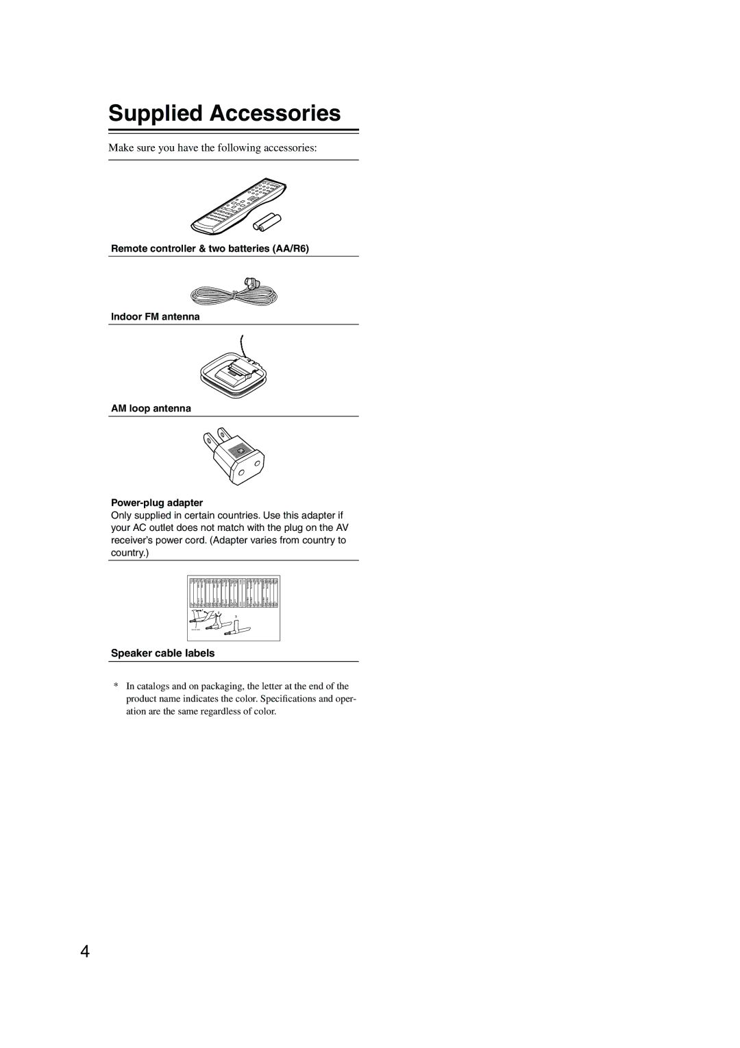 Onkyo TX-SR403 instruction manual Supplied Accessories, Speaker cable labels 