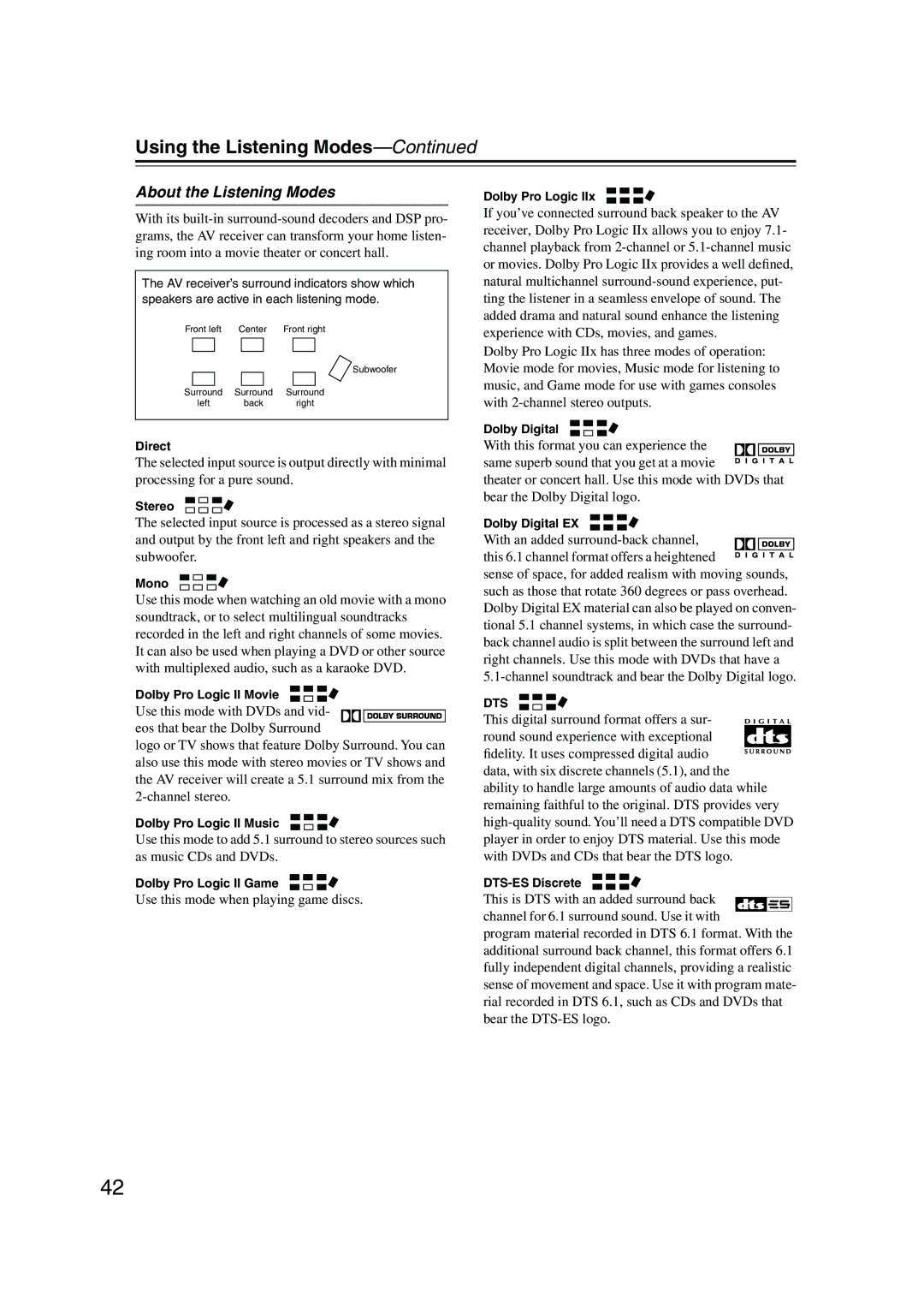 Onkyo TX-SR403 instruction manual About the Listening Modes, Dts 