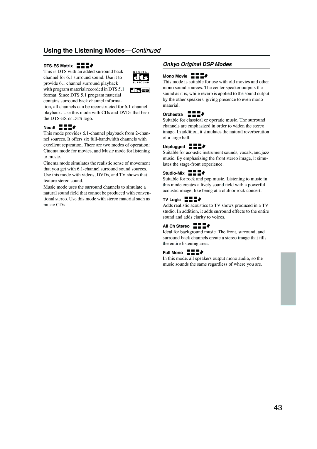 Onkyo TX-SR403 instruction manual Onkyo Original DSP Modes 