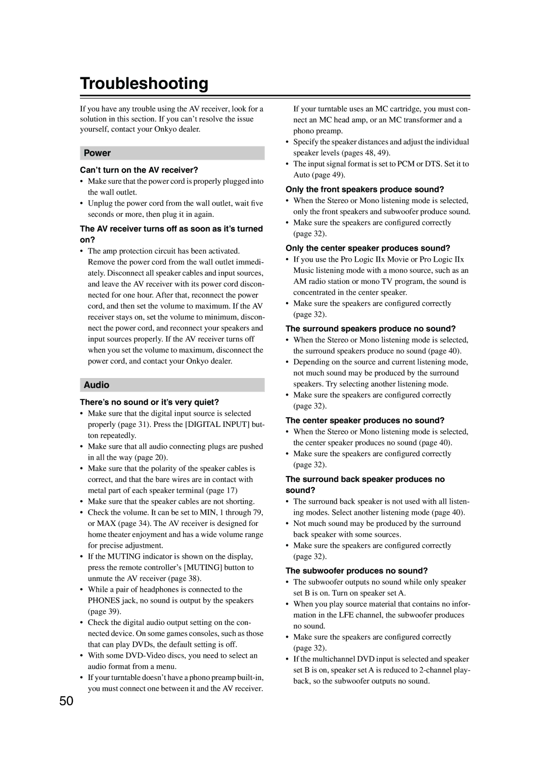 Onkyo TX-SR403 instruction manual Troubleshooting 