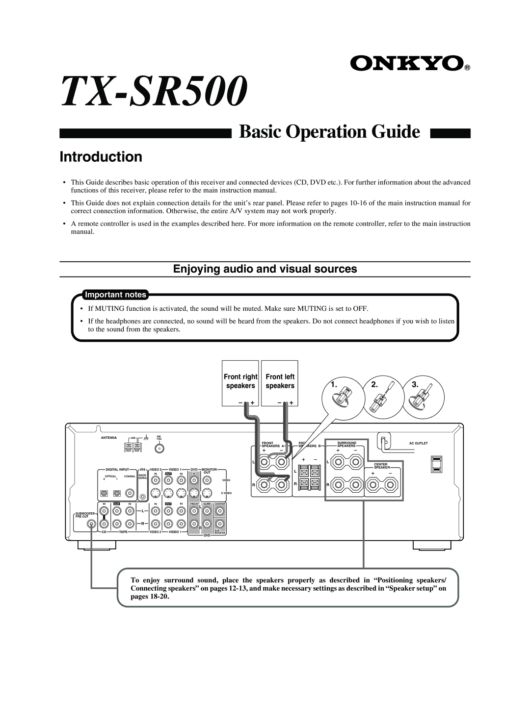 Onkyo TX-SR500 instruction manual Introduction, Front right Speakers, Front left speakers 