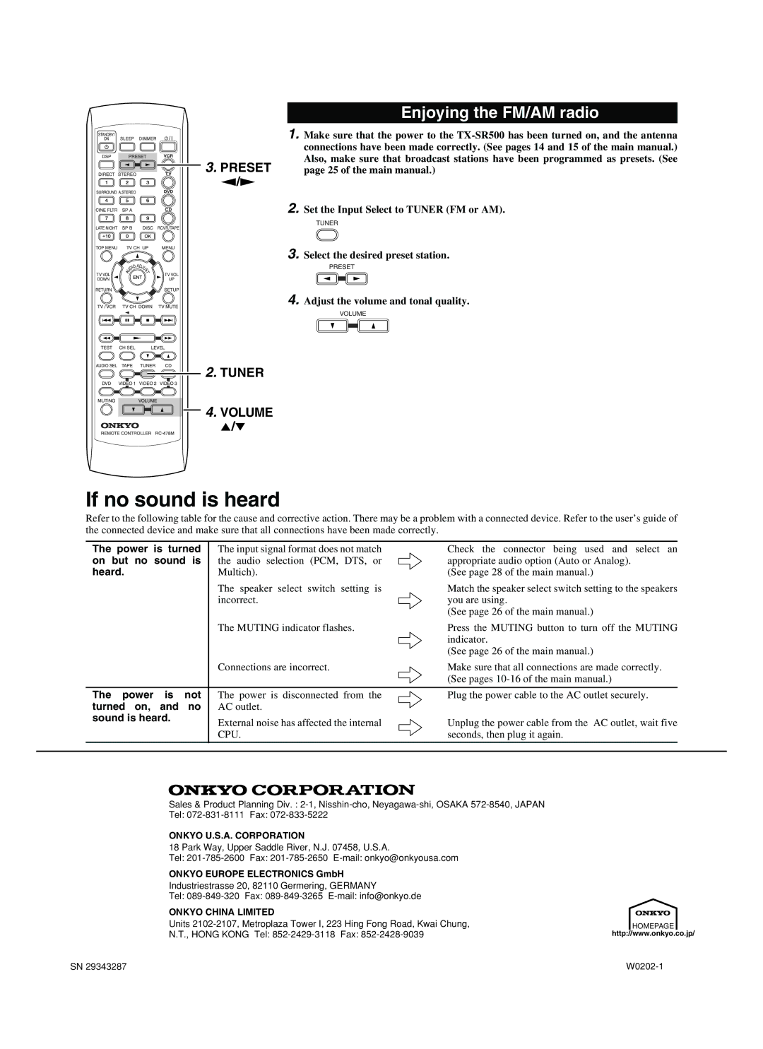 Onkyo TX-SR500 instruction manual If no sound is heard, Enjoying the FM/AM radio 