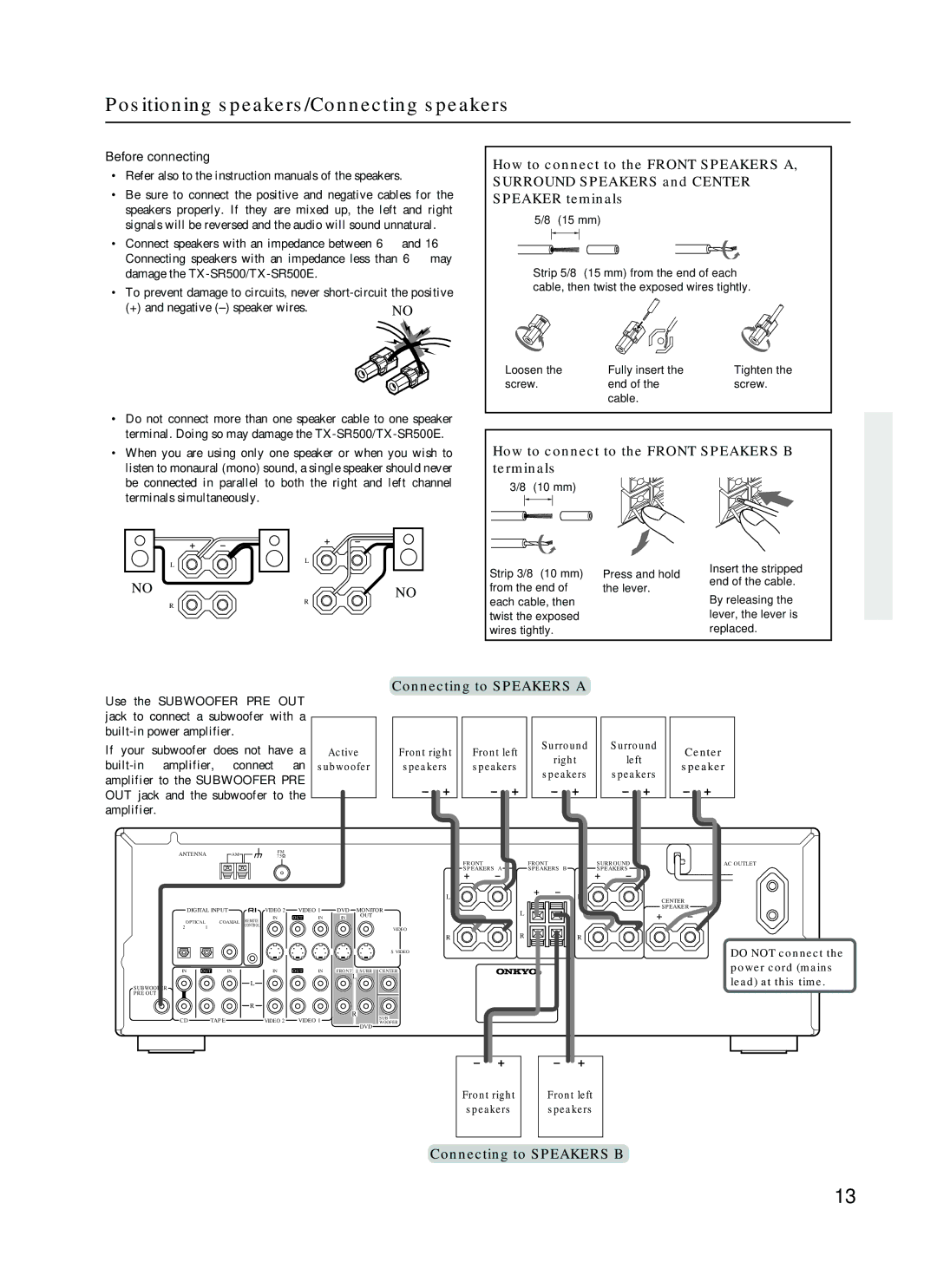 Onkyo TX-SR500 appendix Positioning speakers/Connecting speakers, How to connect to the Front Speakers B terminals 