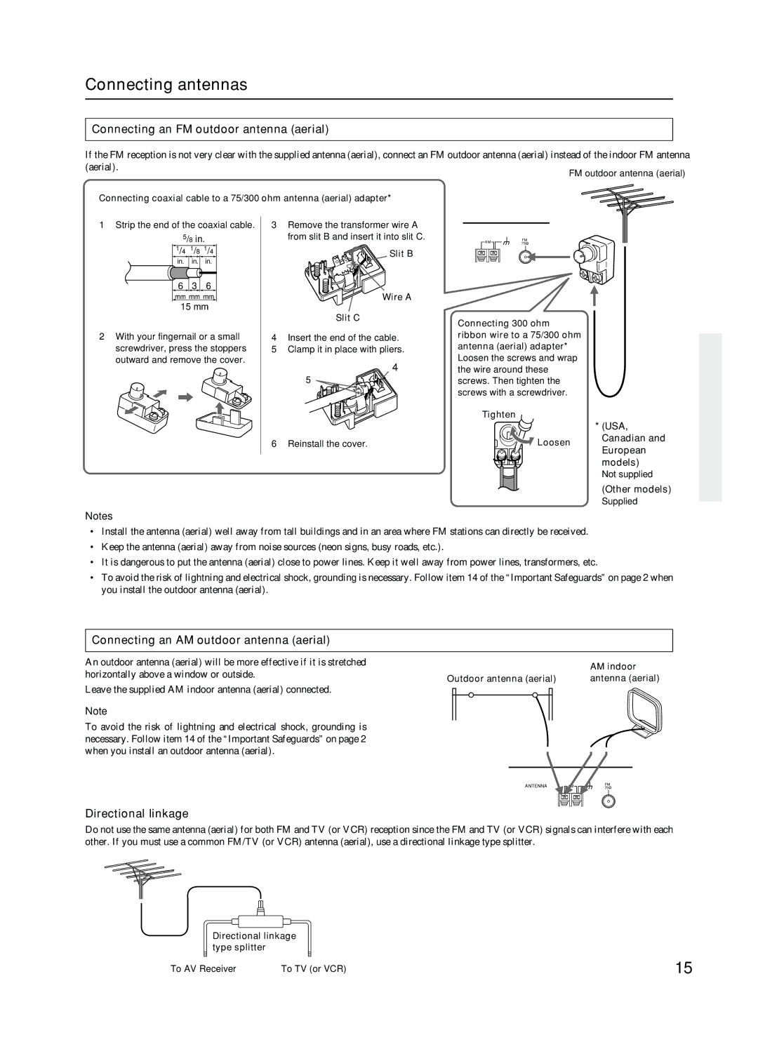 Onkyo TX-SR500 Connecting antennas, Connecting an FM outdoor antenna aerial, Connecting an AM outdoor antenna aerial 