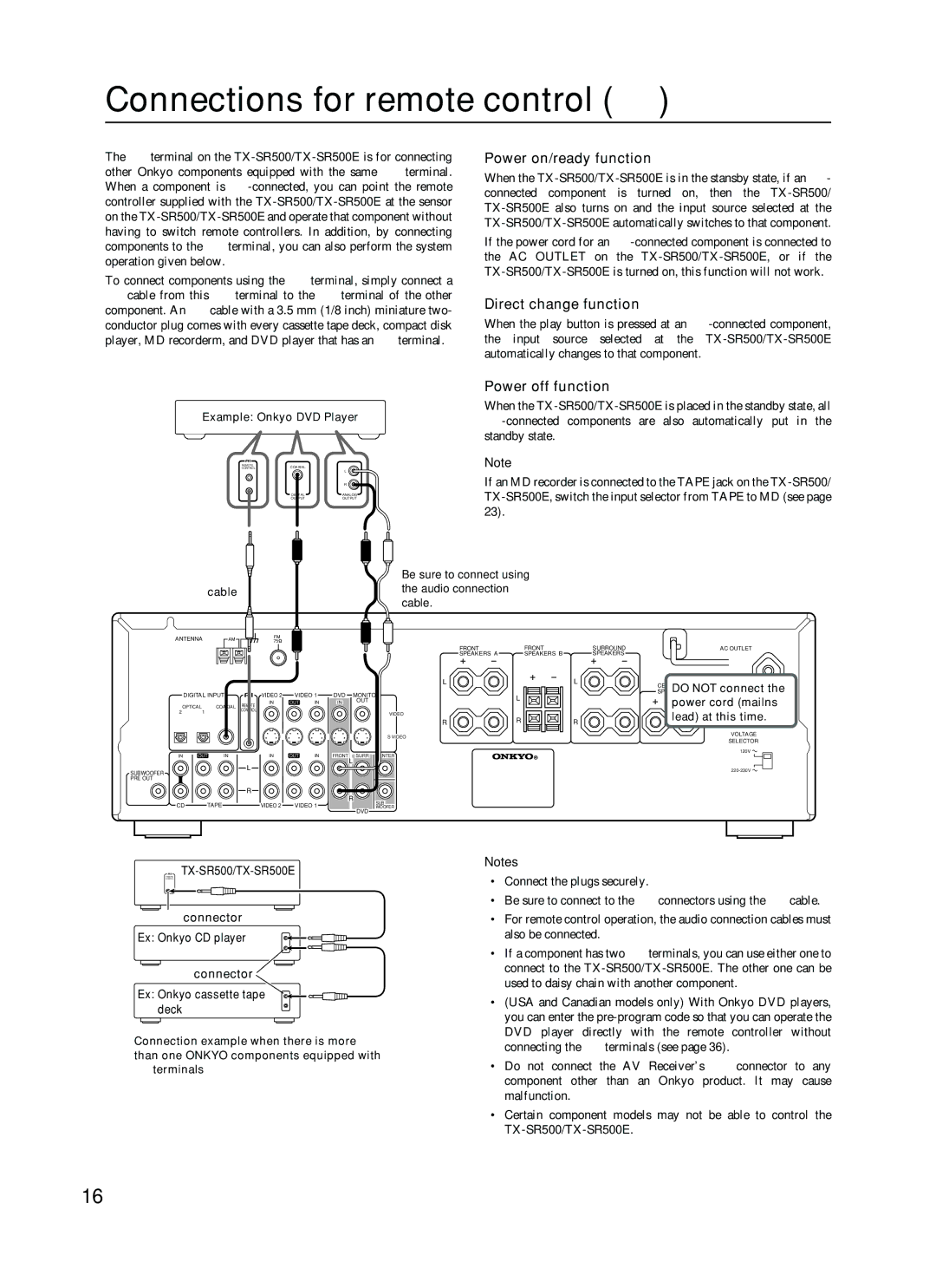 Onkyo TX-SR500 Connections for remote control z, Power on/ready function, Direct change function, Power off function 