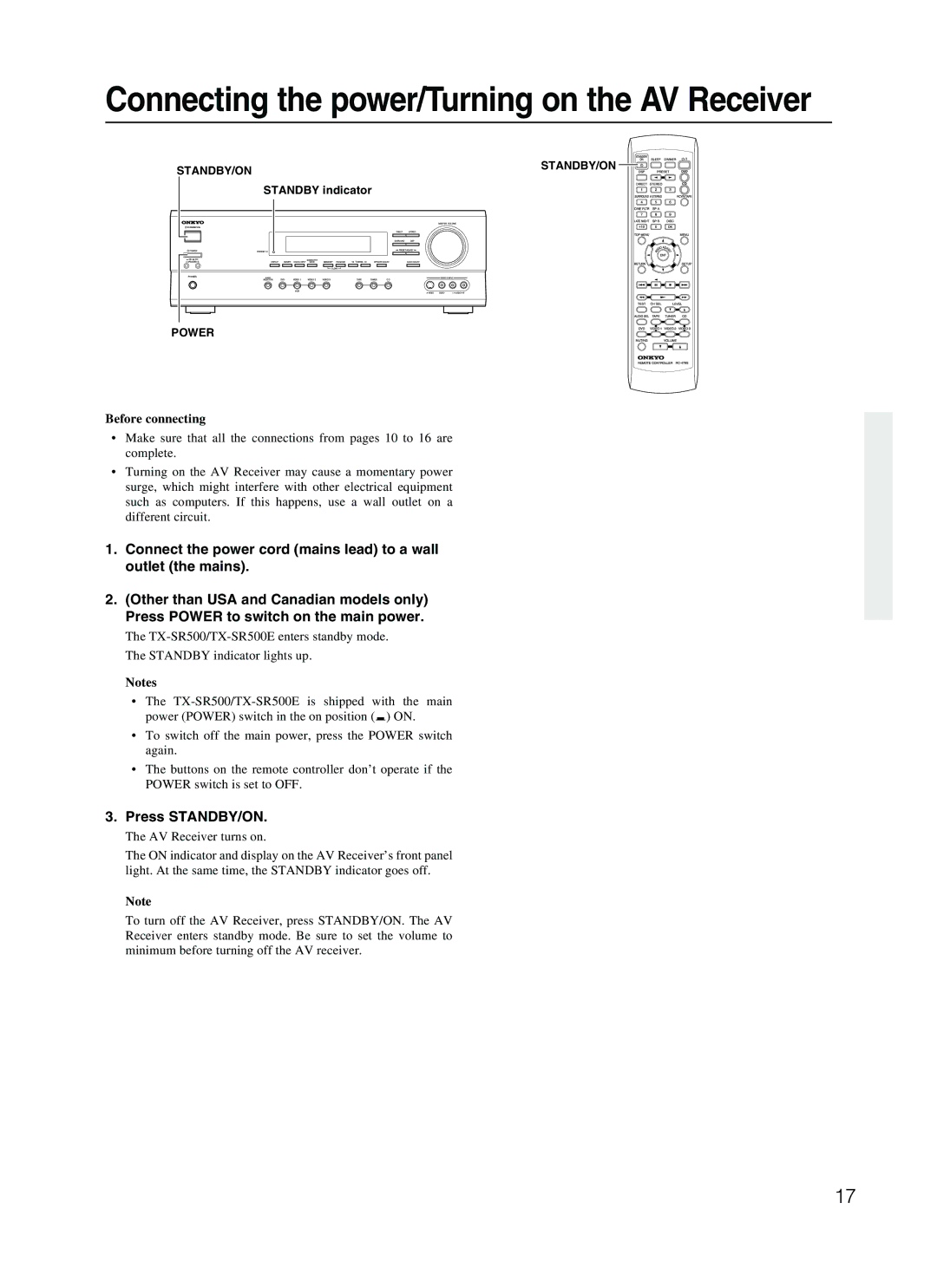 Onkyo TX-SR500 appendix Connecting the power/Turning on the AV Receiver, Press STANDBY/ON 