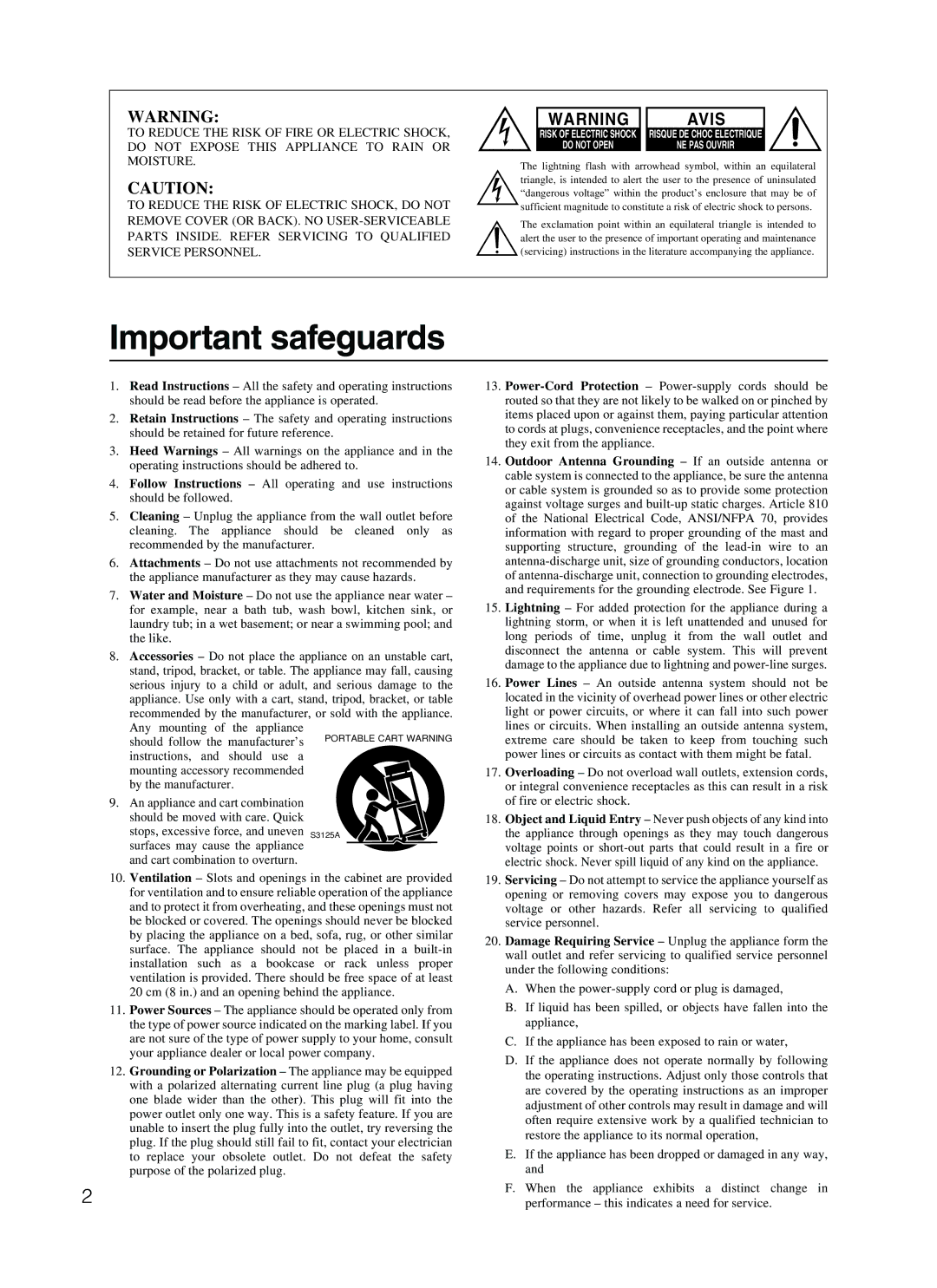 Onkyo TX-SR500 appendix Important safeguards, Avis 