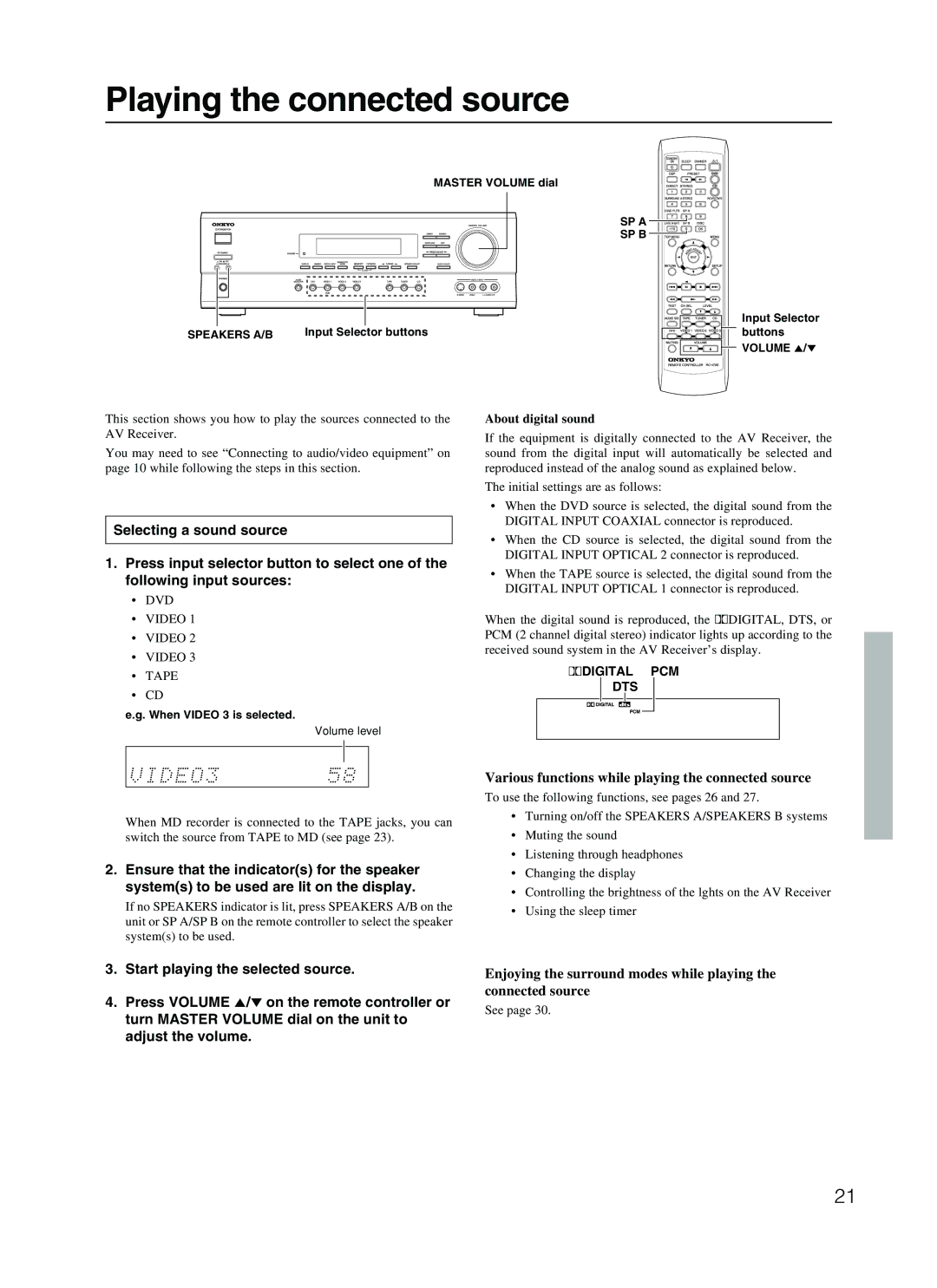 Onkyo TX-SR500 appendix Playing the connected source, About digital sound 