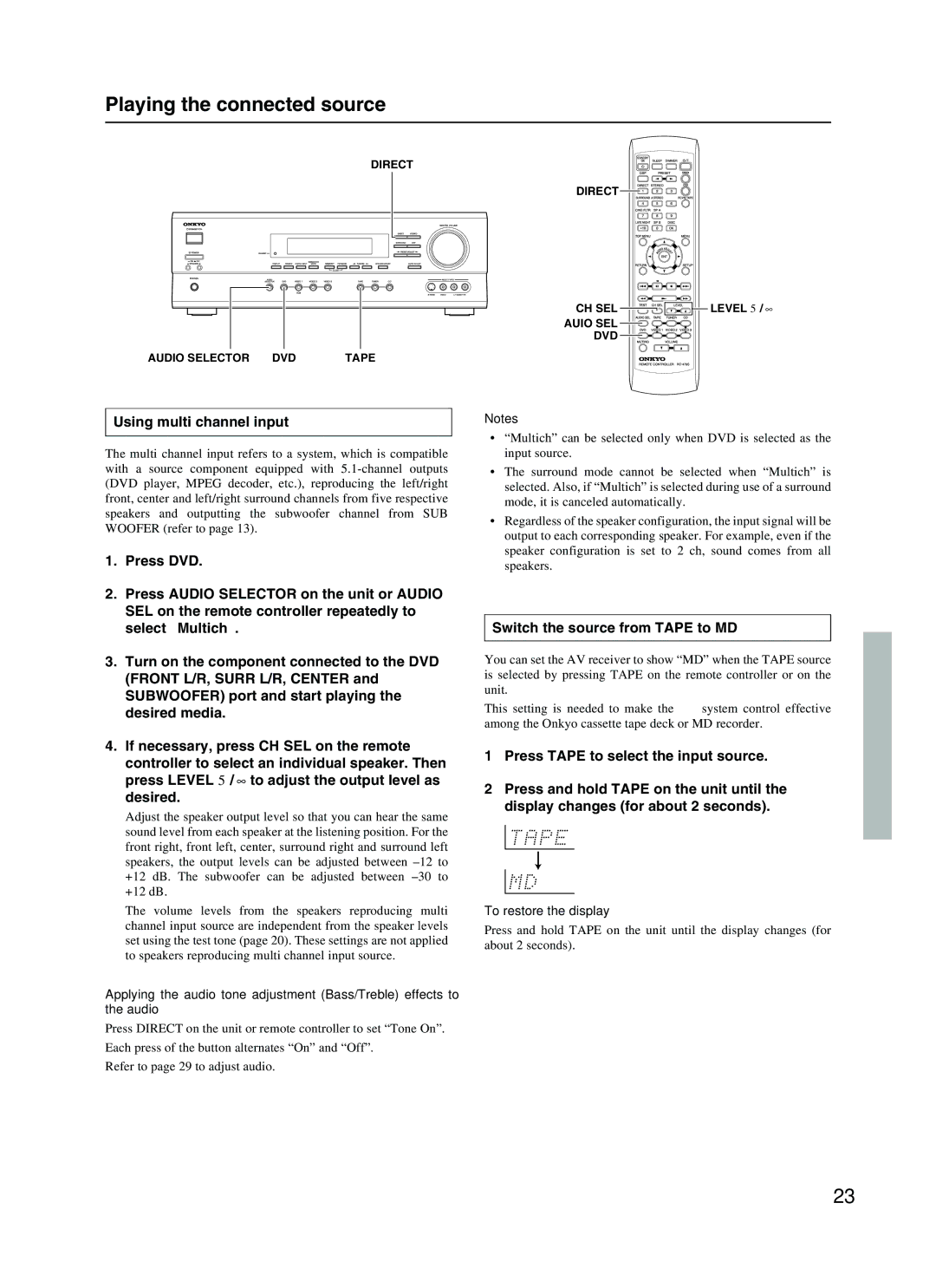 Onkyo TX-SR500 appendix Using multi channel input, Switch the source from Tape to MD, To restore the display, Dvd 