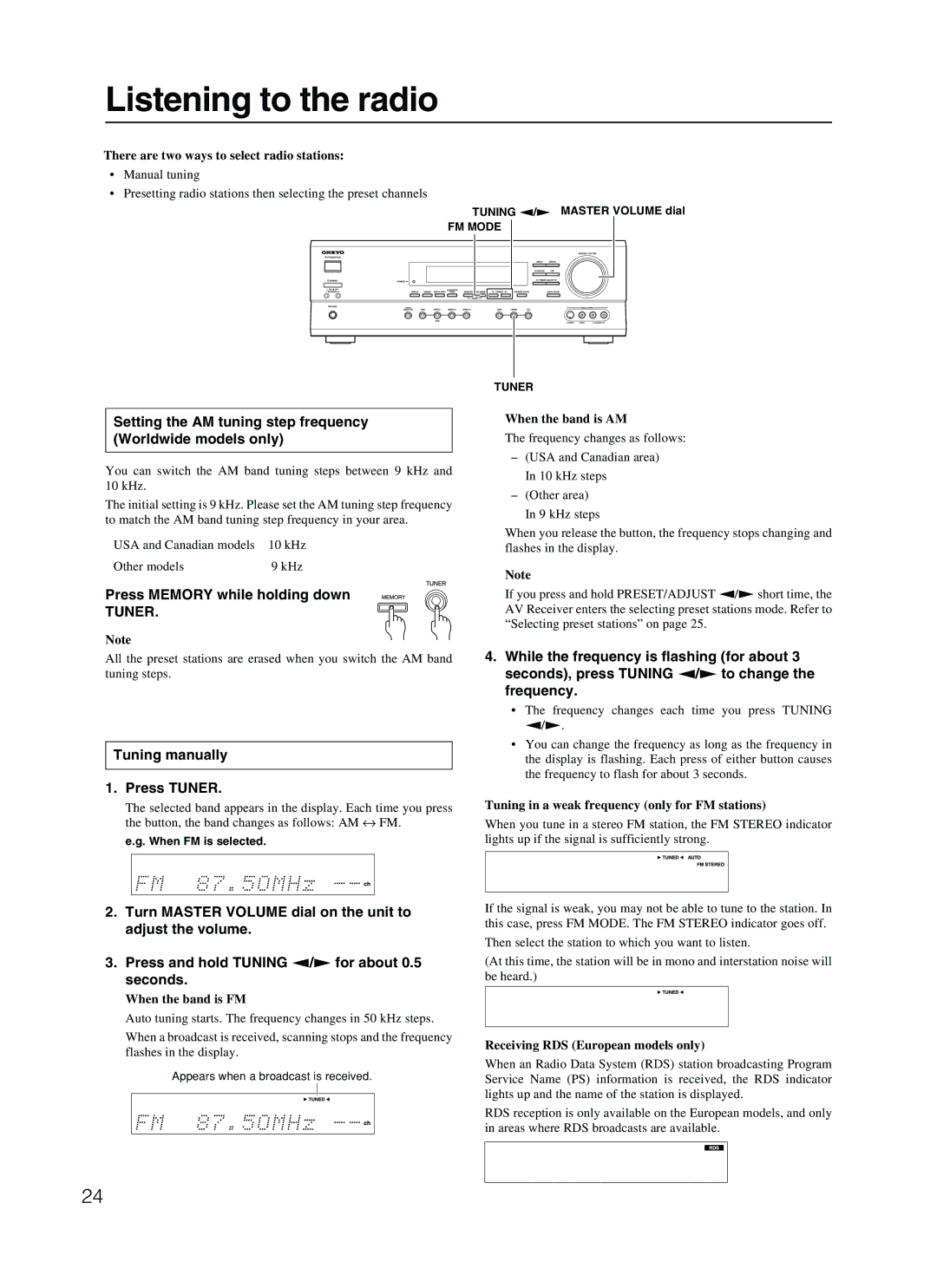 Onkyo TX-SR500 appendix Listening to the radio, Press Memory while holding down, Tuning manually, Press Tuner 